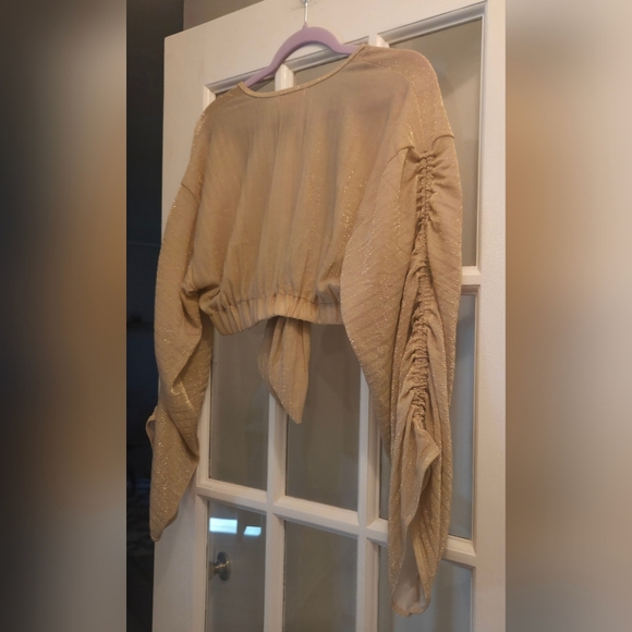 Ramy Brook Alegria Layering Blouse W/ Ruched Sleeves & Cinched Waist- Gold Shim - Picture 6 of 6